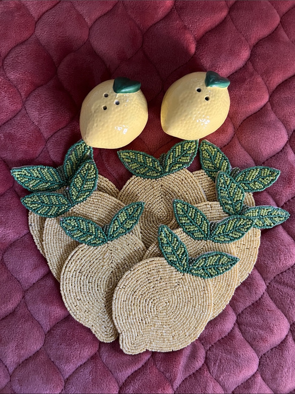 Lemon Salt and Pepper shaker and 8 Lemon Coasters
